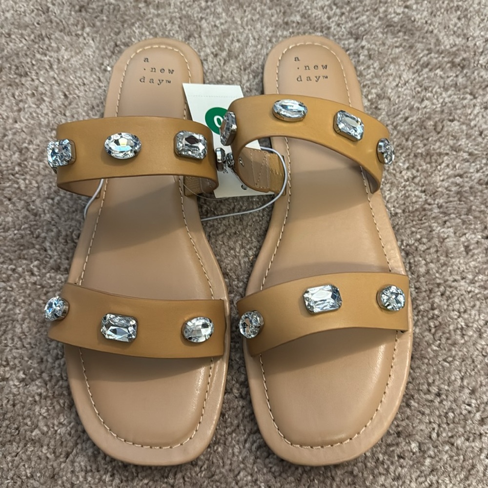 A New Day Brit Two Band Embellished Sandals Size 10 Color Tan